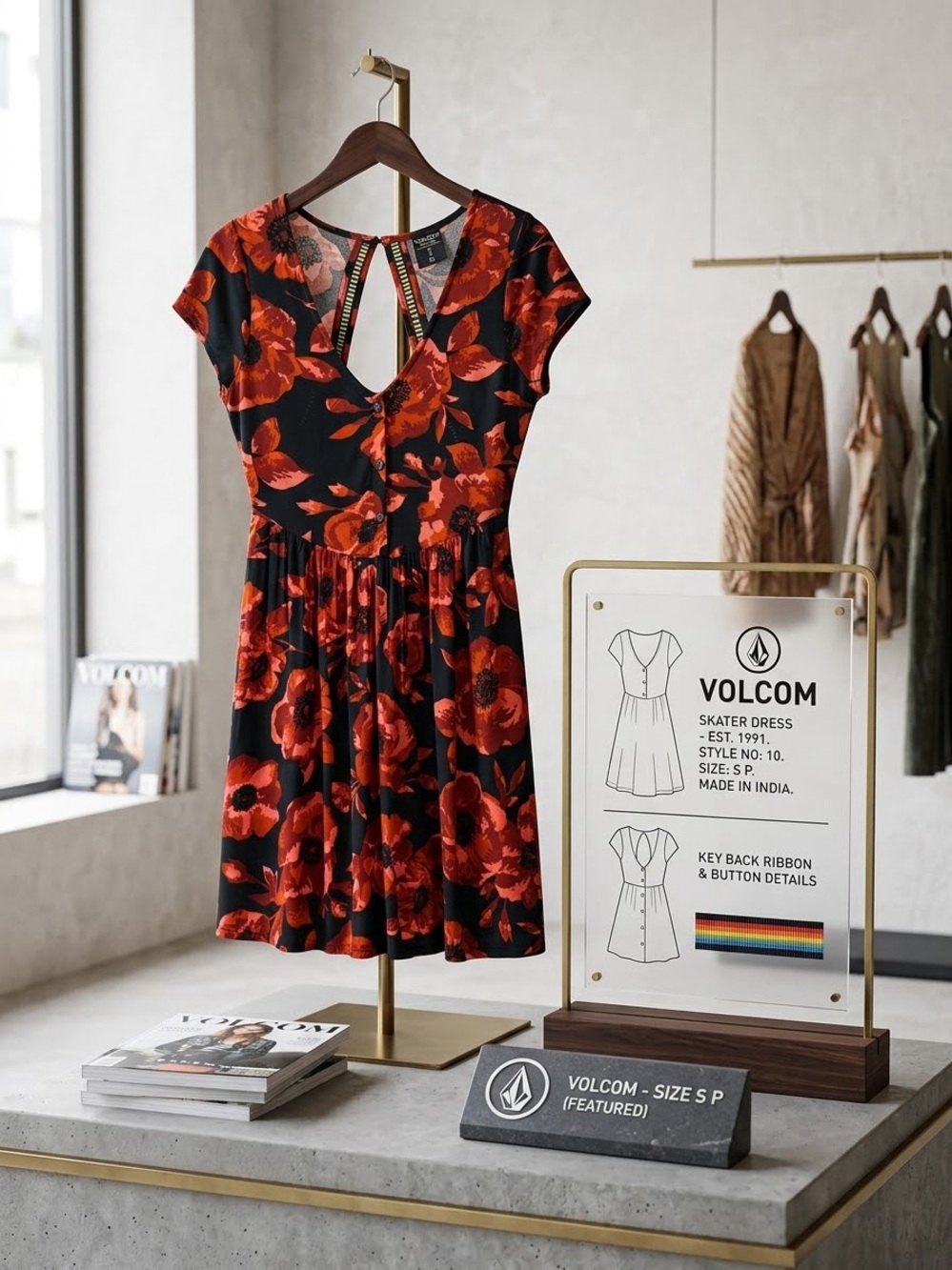 Volcom Black Midi Dress with Red Floral Print